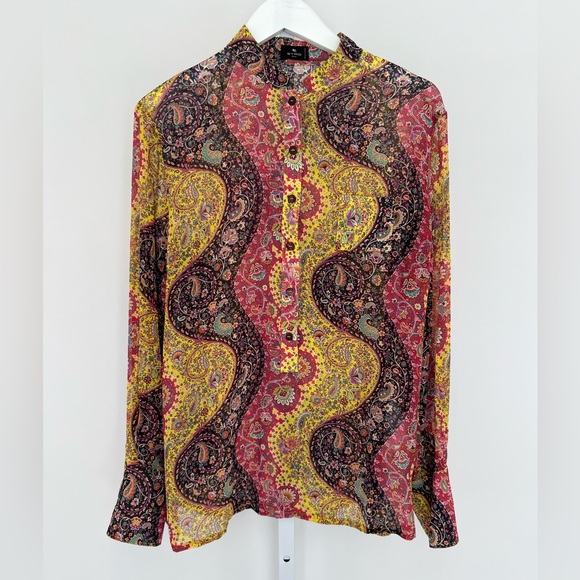 ETRO BLACK RED YELLOW MULTI SILK TOP SIZE IT 46 / US 12 NWOTS! - Picture 1 of 17